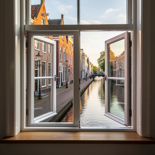 Interieur van een woning in Zoetermeer met uitzicht door witte kunststof kozijnen op de straat