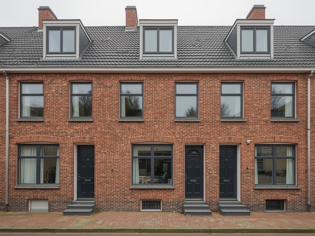 Moderne rijtjeswoningen in Pijnacker met antracietgrijze kunststof kozijnen aan de voorgevel