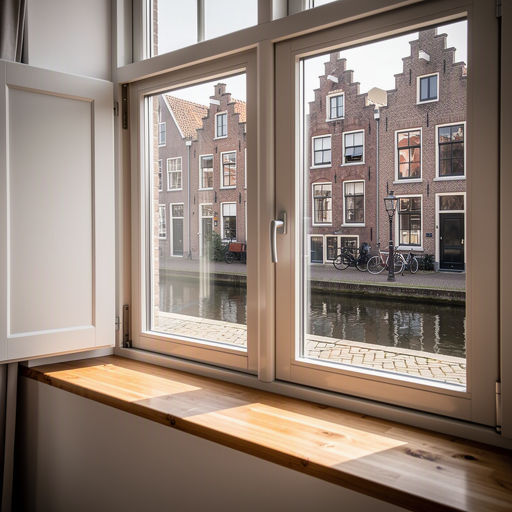 Woonkamerinterieur in Pijnacker met uitzicht door witte kunststof kozijnen op groene woonstraat