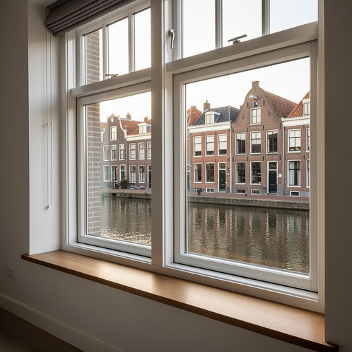 Interieur met uitzicht door witte kunststof kozijnen op een gracht in Delft