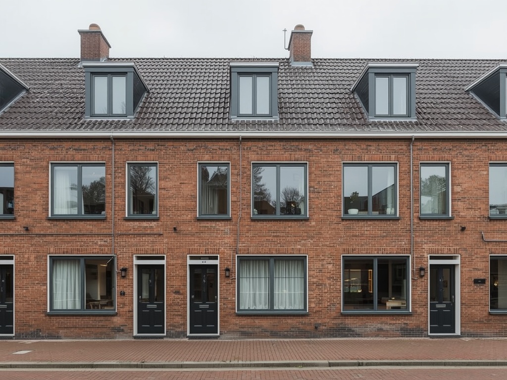 Moderne rijtjeswoningen in Maassluis met antracietgrijze kunststof kozijnen en dakkapellen