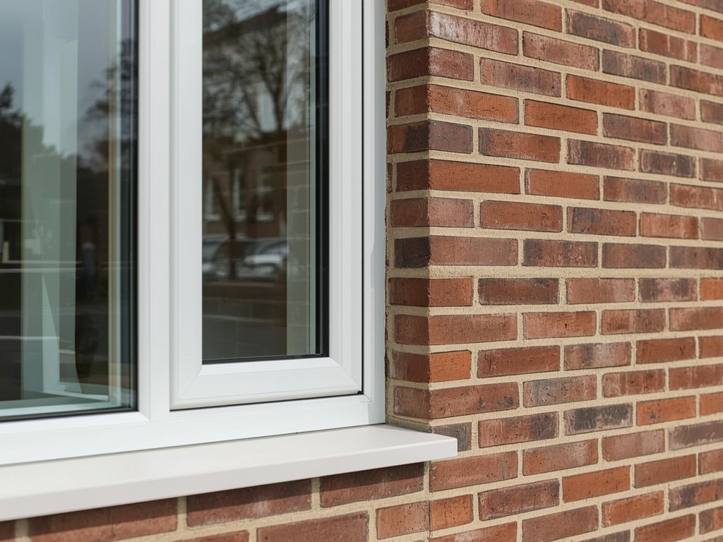 Close-up van een wit kunststof kozijnprofiel in een bakstenen gevel van een woning in Wateringen