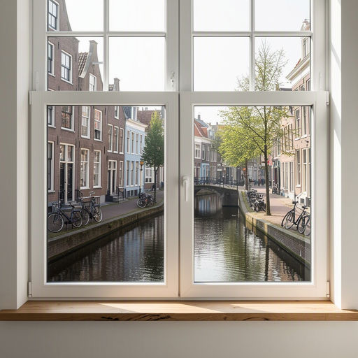 Interieur in Den Haag met uitzicht door witte kunststof kozijnen op een groene stadstuin