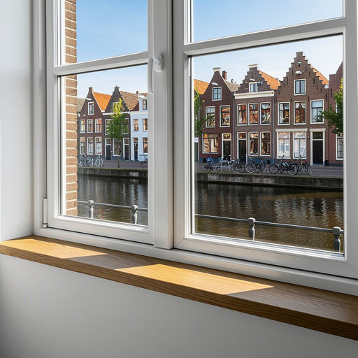 Interieur in Schipluiden met uitzicht door witte kunststof kozijnen op het water van de Gaag