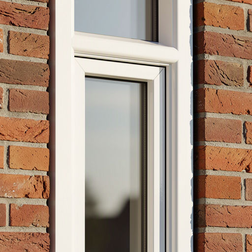 Close-up van een wit kunststof kozijnprofiel in een bakstenen gevel van een woning in Schipluiden