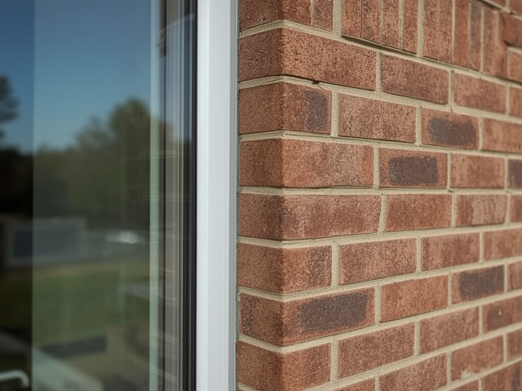 Detail van wit kunststof kozijnprofiel in bakstenen gevel van woning in Maassluis