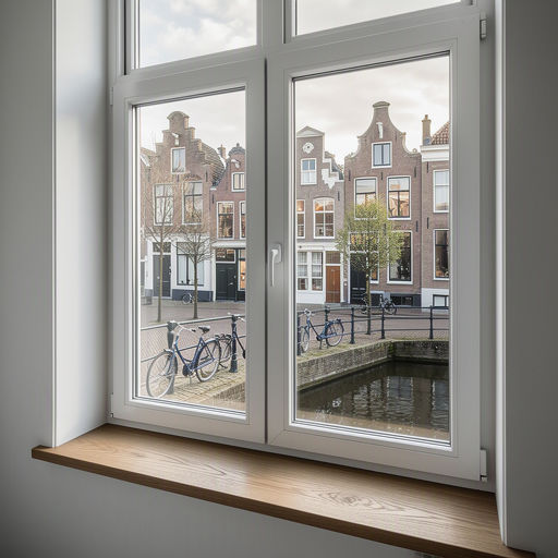 Interieur in Den Hoorn met uitzicht door witte kunststof kozijnen op een rustige woonstraat