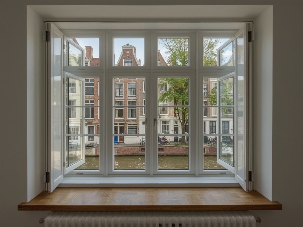 Interieur in Maassluis met uitzicht door witte kunststof kozijnen op een woonstraat met rijwoningen