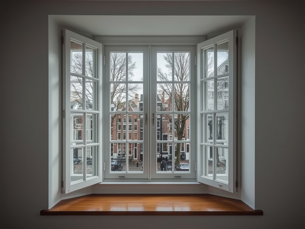 Interieur in Vlaardingen met uitzicht door witte kunststof kozijnen op woonstraat