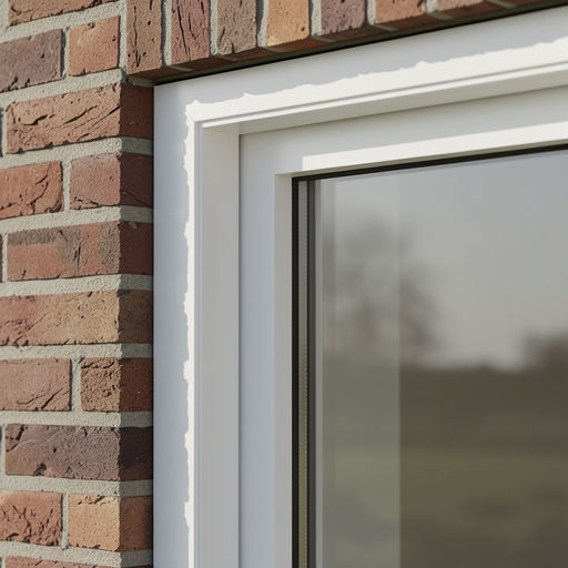 Detail van wit kunststof kozijnprofiel in bakstenen gevel van woning in Den Hoorn