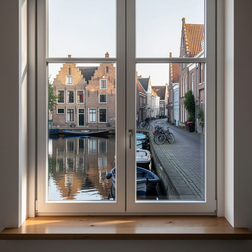 Interieur in Rijswijk met uitzicht door witte kunststof kozijnen op een groene woonstraat