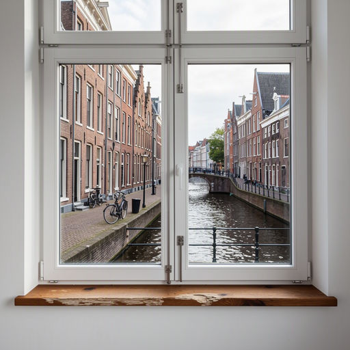 Interieur met uitzicht door witte kunststof kozijnen op woonstraat in Nootdorp